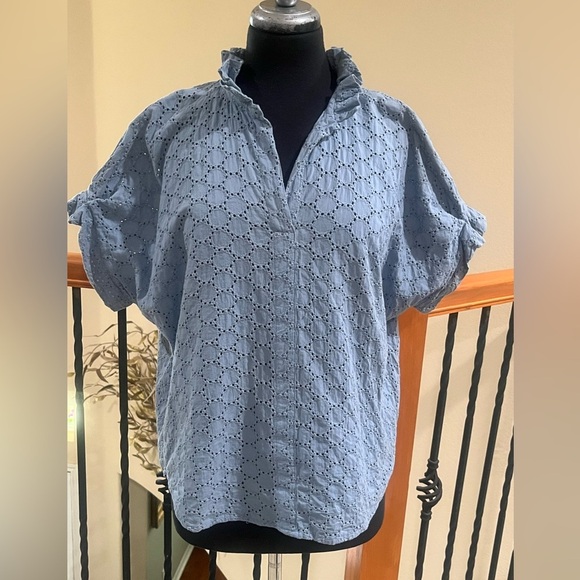 BLUE EYELET JAG TOP FEMININE,NOSTALGIC, CASUAL CUT OUT PATTERN SIZE S/M - Picture 5 of 9